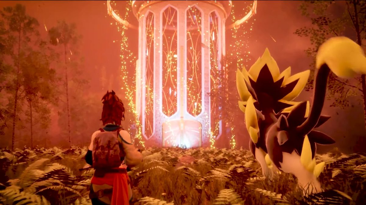 Palworld in-game screenshot — character and Fire Pal near a shrine